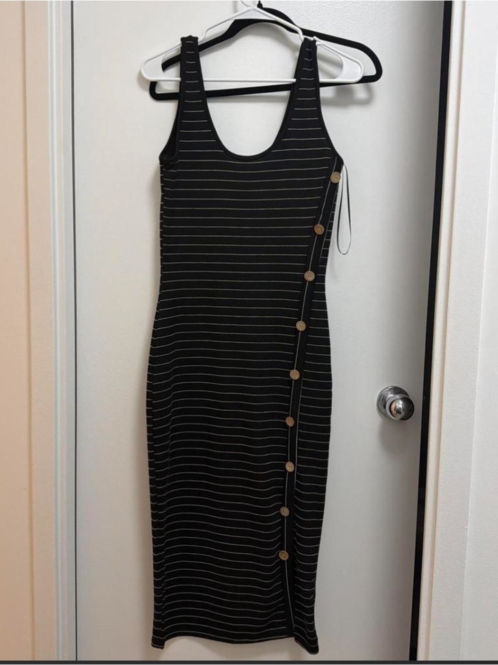 Primark Black Midi Tank Dress with White Stripes and Side Buttons